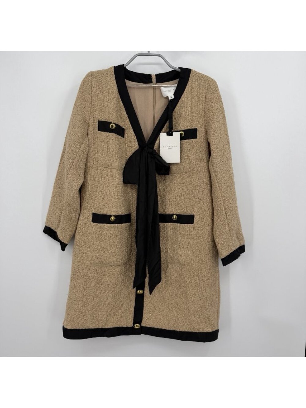 Pomander Place by Tuckernuck Tan Coco Tweed Bow Dress L Large Long Sleeve NWT